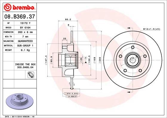 Brembo 08.B369.37 - Bremžu diski autodraugiem.lv