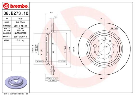 Brembo 08.B273.10 - Bremžu diski autodraugiem.lv