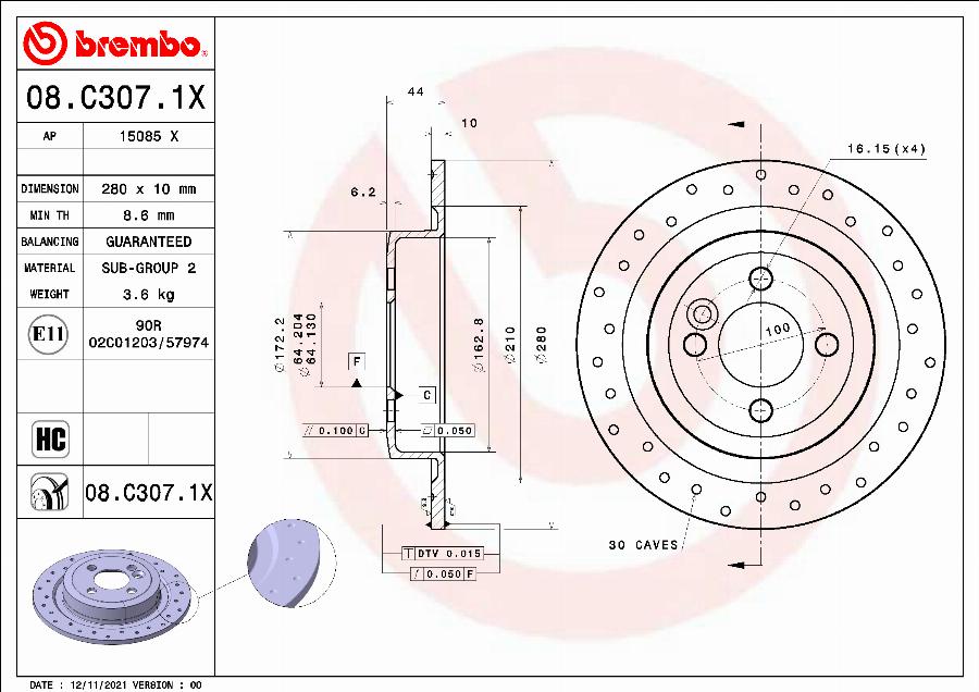 Brembo 08.C307.1X - Bremžu diski autodraugiem.lv