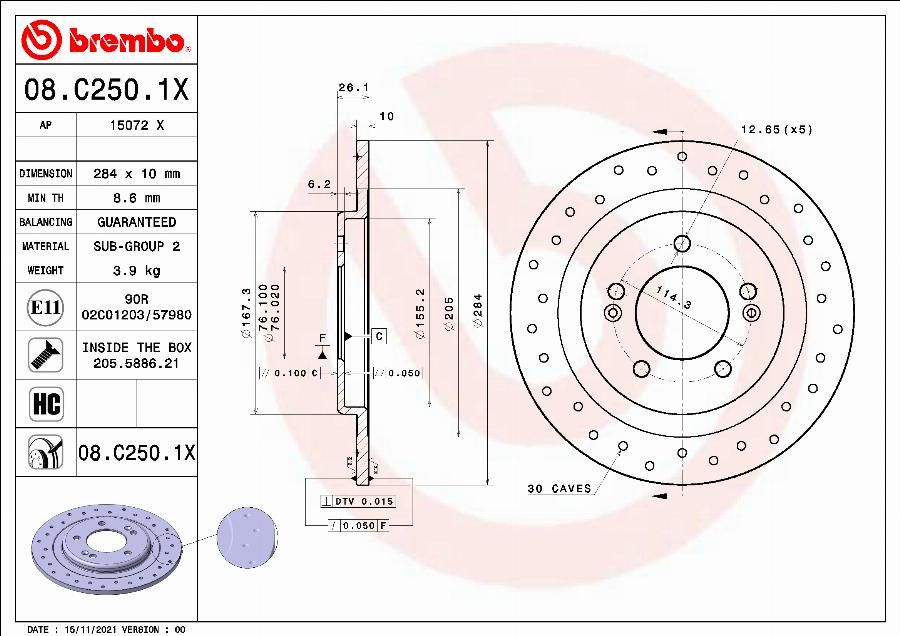 Brembo 08.C250.1X - Bremžu diski autodraugiem.lv