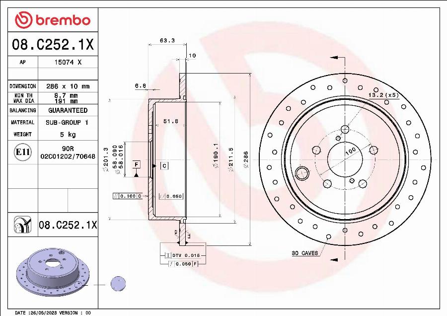 Brembo 08.C252.1X - Bremžu diski autodraugiem.lv