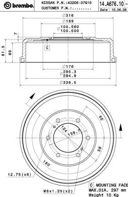 Brembo 14.A676.10 - Bremžu trumulis autodraugiem.lv