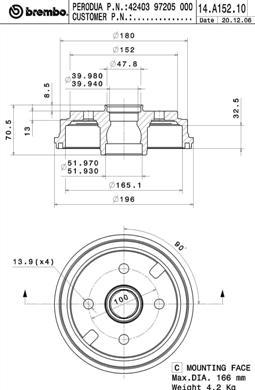 Brembo 14.A152.10 - Bremžu trumulis autodraugiem.lv