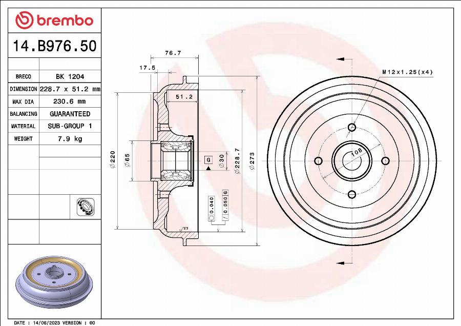 Brembo 14.B976.50 - Bremžu trumulis autodraugiem.lv