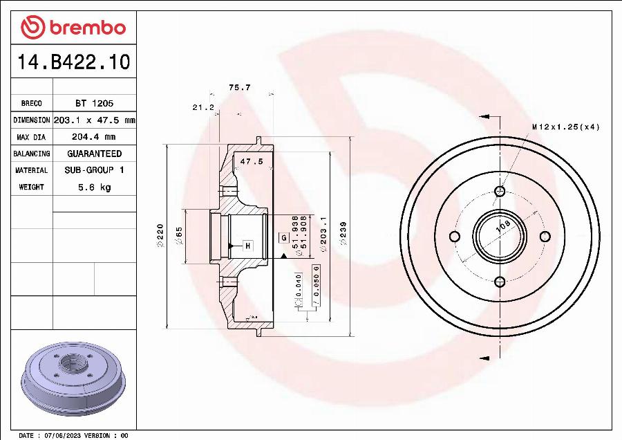 Brembo 14.B422.10 - Bremžu trumulis autodraugiem.lv