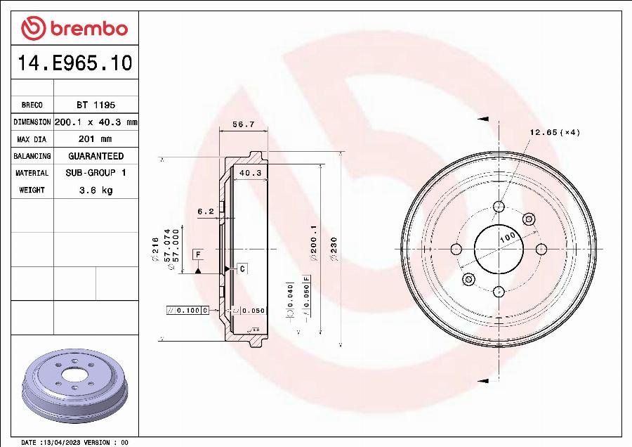 Brembo 14.E965.10 - Bremžu trumulis autodraugiem.lv