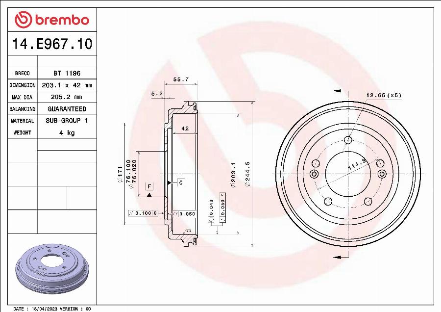 Brembo 14.E967.10 - Bremžu trumulis autodraugiem.lv