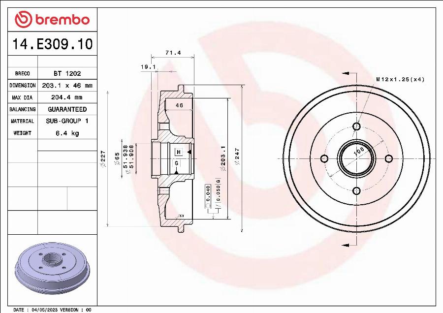 Brembo 14.E309.10 - Bremžu trumulis autodraugiem.lv