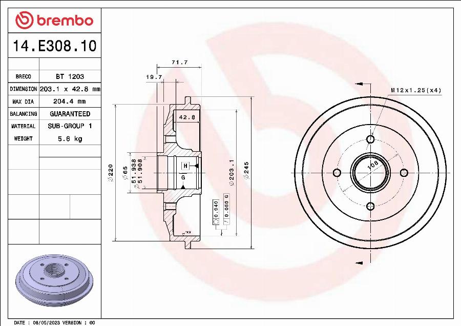 Brembo 14.E308.10 - Bremžu trumulis autodraugiem.lv