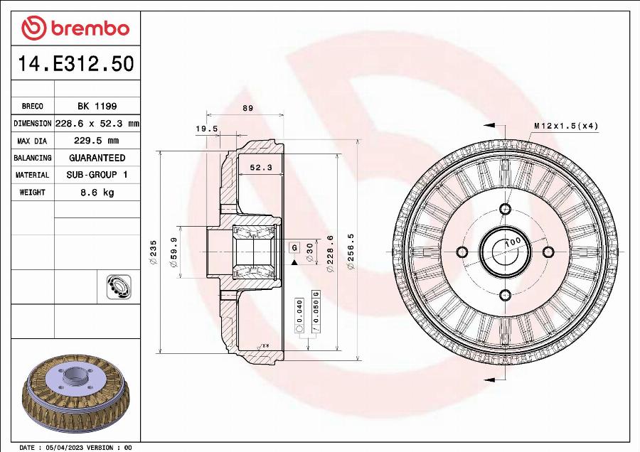 Brembo 14.E312.50 - Bremžu trumulis autodraugiem.lv