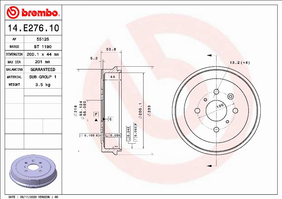 Brembo 14.E276.10 - Bremžu trumulis autodraugiem.lv