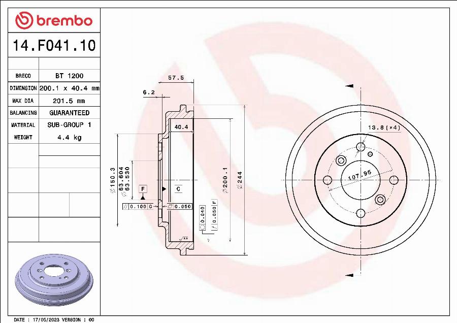 Brembo 14.F041.10 - Bremžu trumulis autodraugiem.lv