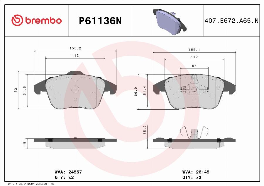 Brembo P61136N - Bremžu uzliku kompl., Disku bremzes autodraugiem.lv