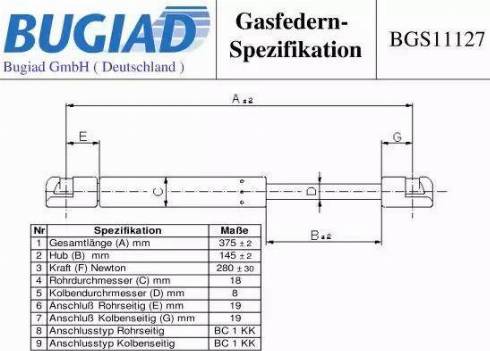 Bugiad BGS11127 - Gāzes atspere, Motora pārsegs autodraugiem.lv