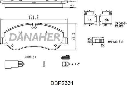 Danaher DBP2661 - Bremžu uzliku kompl., Disku bremzes autodraugiem.lv