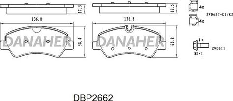 Danaher DBP2662 - Bremžu uzliku kompl., Disku bremzes autodraugiem.lv