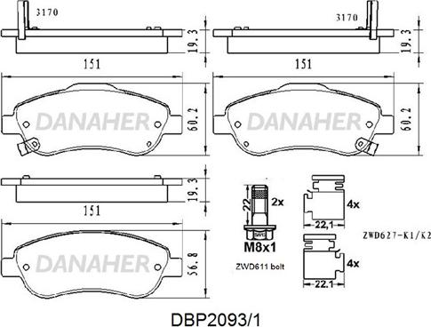 Danaher DBP2093/1 - Bremžu uzliku kompl., Disku bremzes autodraugiem.lv