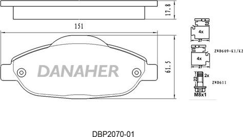Danaher DBP2070-01 - Bremžu uzliku kompl., Disku bremzes autodraugiem.lv