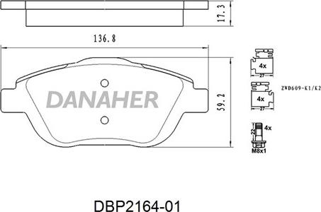 Danaher DBP2164-01 - Bremžu uzliku kompl., Disku bremzes autodraugiem.lv
