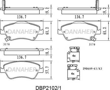 Danaher DBP2102/1 - Bremžu uzliku kompl., Disku bremzes autodraugiem.lv