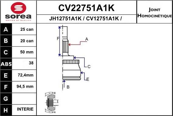 EAI CV22751A1K - Šarnīru komplekts, Piedziņas vārpsta autodraugiem.lv