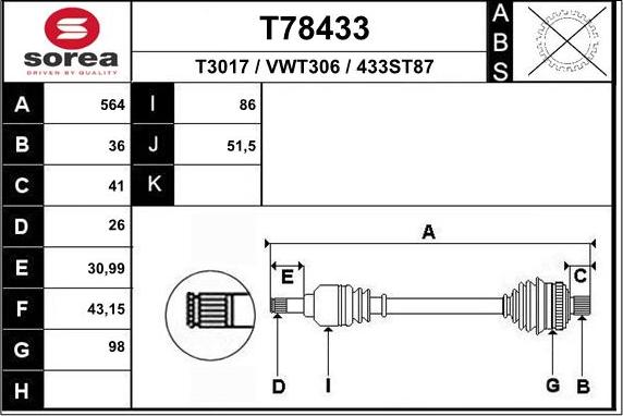 EAI T78433 - Piedziņas vārpsta autodraugiem.lv