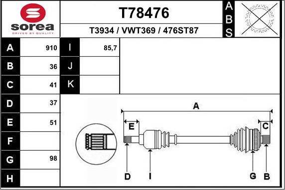 EAI T78476 - Piedziņas vārpsta autodraugiem.lv