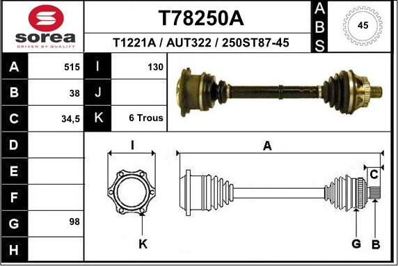 EAI T78250A - Piedziņas vārpsta autodraugiem.lv