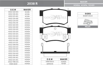 GoodWill 2038 R - Bremžu uzliku kompl., Disku bremzes autodraugiem.lv