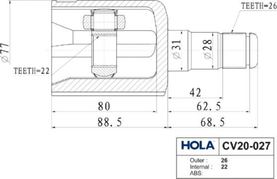 Hola CV20-027 - Šarnīru komplekts, Piedziņas vārpsta autodraugiem.lv