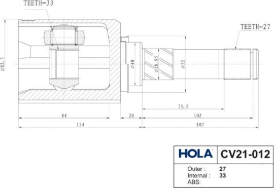 Hola CV21-012 - Šarnīru komplekts, Piedziņas vārpsta autodraugiem.lv