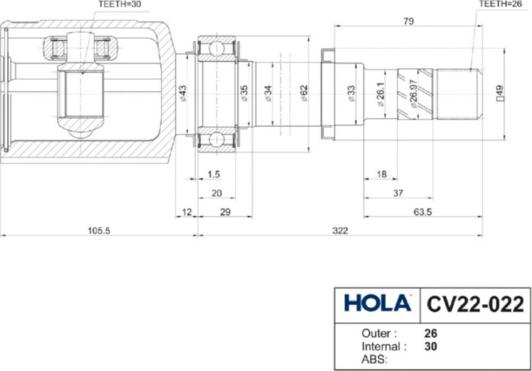 Hola CV22-022 - Šarnīru komplekts, Piedziņas vārpsta autodraugiem.lv
