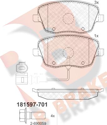 R Brake RB1597-701 - Bremžu uzliku kompl., Disku bremzes autodraugiem.lv