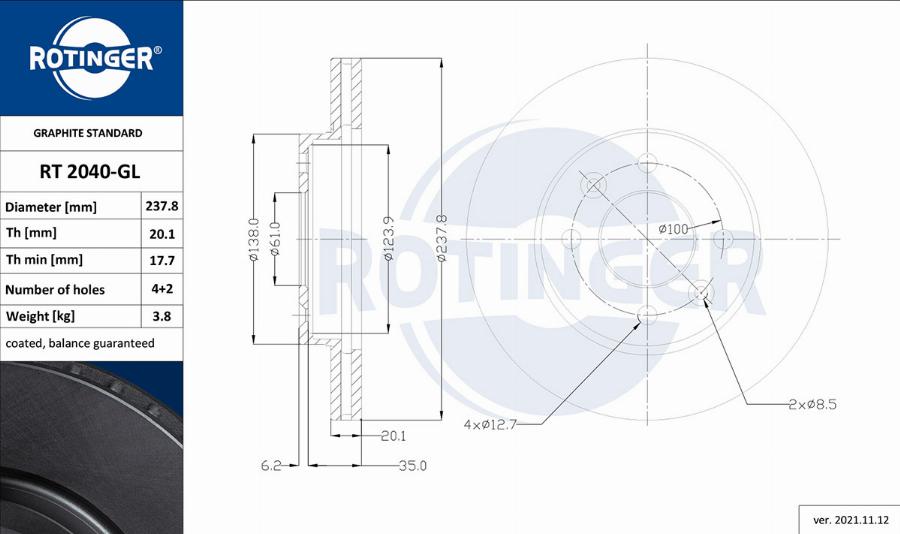 Rotinger RT 2040-GL - Bremžu diski autodraugiem.lv