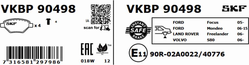 SKF VKBP 90498 - Bremžu uzliku kompl., Disku bremzes autodraugiem.lv