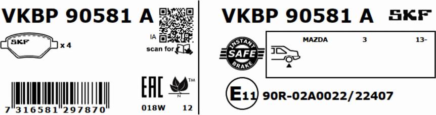 SKF VKBP 90581 A - Bremžu uzliku kompl., Disku bremzes autodraugiem.lv