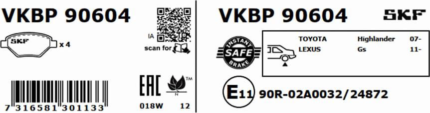 SKF VKBP 90604 - Bremžu uzliku kompl., Disku bremzes autodraugiem.lv