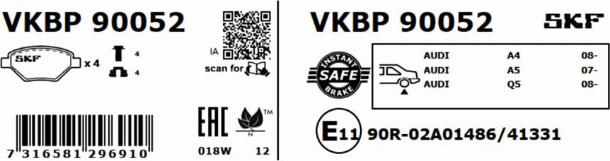 SKF VKBP 90052 - Bremžu uzliku kompl., Disku bremzes autodraugiem.lv