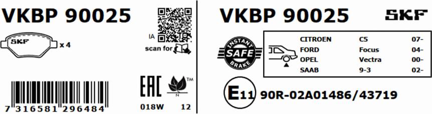 SKF VKBP 90025 - Bremžu uzliku kompl., Disku bremzes autodraugiem.lv