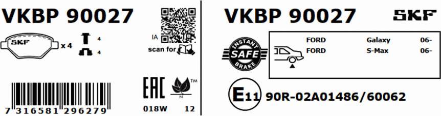 SKF VKBP 90027 - Bremžu uzliku kompl., Disku bremzes autodraugiem.lv