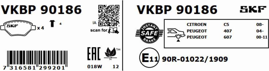 SKF VKBP 90186 - Bremžu uzliku kompl., Disku bremzes autodraugiem.lv