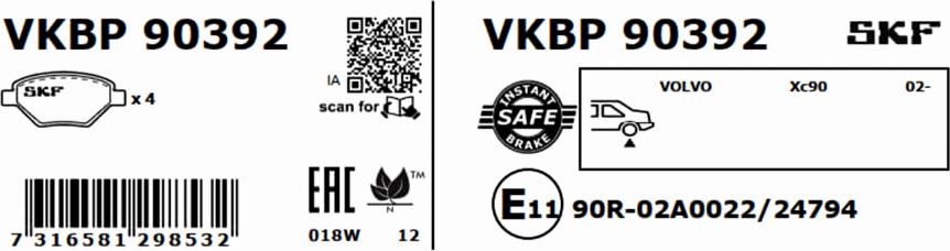 SKF VKBP 90392 - Bremžu uzliku kompl., Disku bremzes autodraugiem.lv