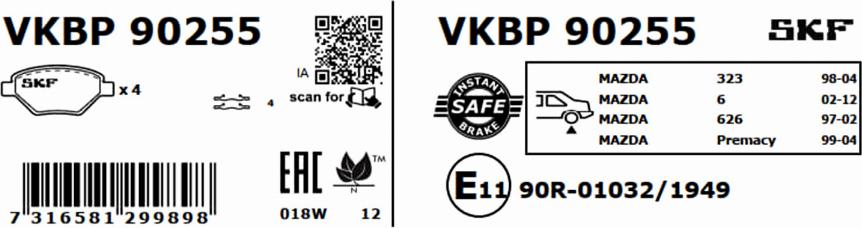 SKF VKBP 90255 - Bremžu uzliku kompl., Disku bremzes autodraugiem.lv