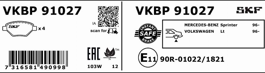SKF VKBP 91027 - Bremžu uzliku kompl., Disku bremzes autodraugiem.lv