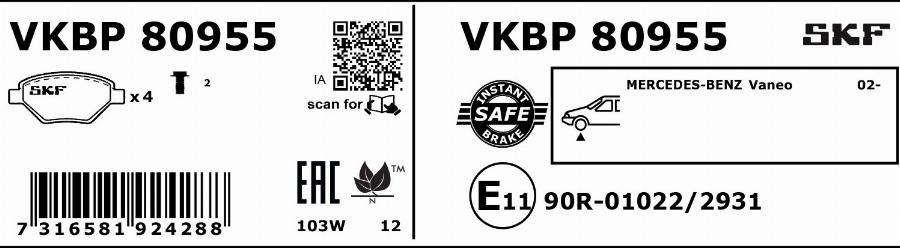 SKF VKBP 80955 - Bremžu uzliku kompl., Disku bremzes autodraugiem.lv