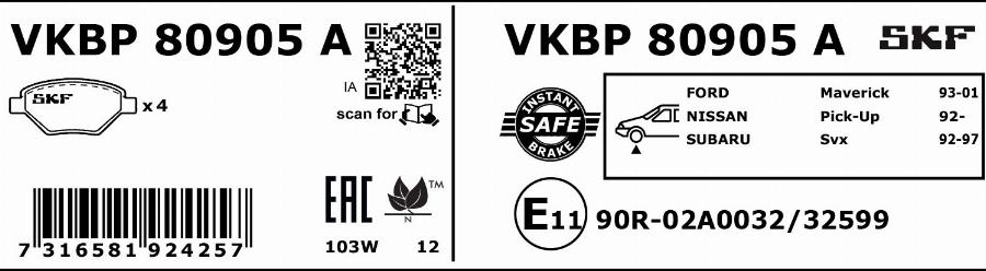 SKF VKBP 80905 A - Bremžu uzliku kompl., Disku bremzes autodraugiem.lv