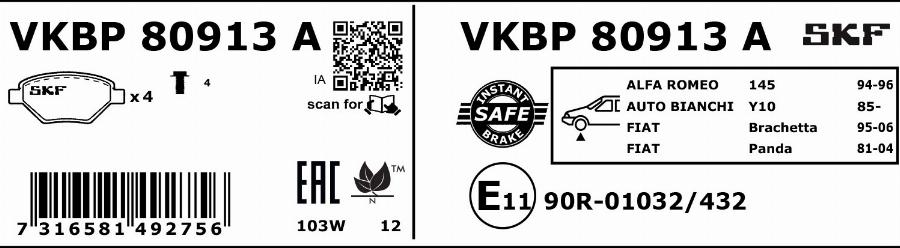 SKF VKBP 80913 A - Bremžu uzliku kompl., Disku bremzes autodraugiem.lv