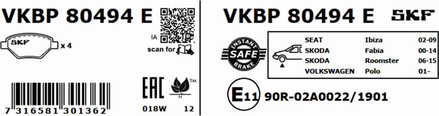 SKF VKBP 80494 E - Bremžu uzliku kompl., Disku bremzes autodraugiem.lv