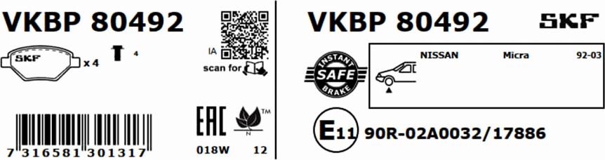 SKF VKBP 80492 - Bremžu uzliku kompl., Disku bremzes autodraugiem.lv