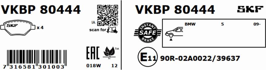 SKF VKBP 80444 - Bremžu uzliku kompl., Disku bremzes autodraugiem.lv